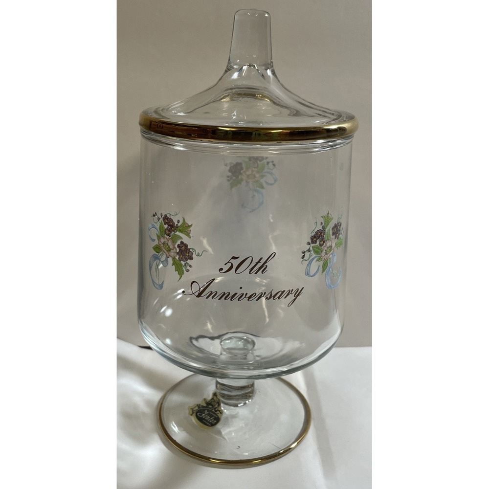 FENTON GLASS 50th ANNIVERSARY COVERED CANDY DISH GOLD TRIM‎ FLORAL CLEAR Glass